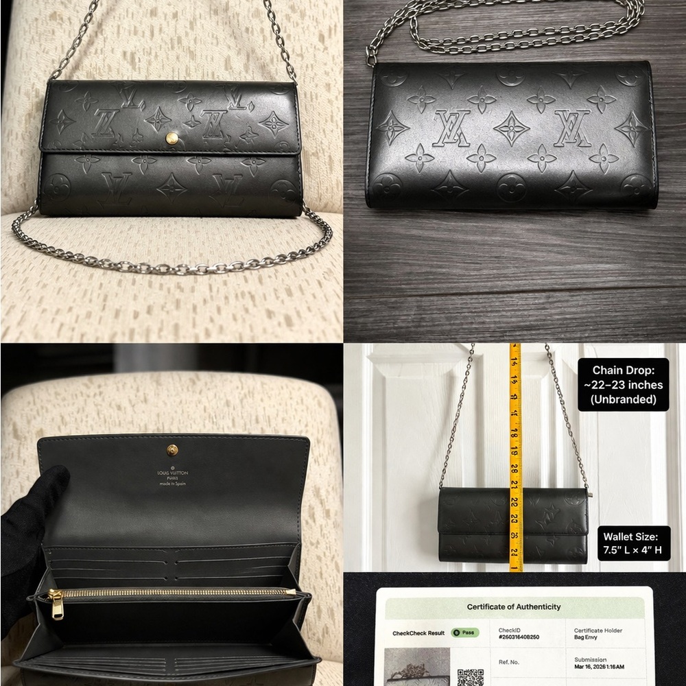 Louis Vuitton Sarah Wallet Grey Matte Vernis Monogram w/ Unbranded Chain Auth